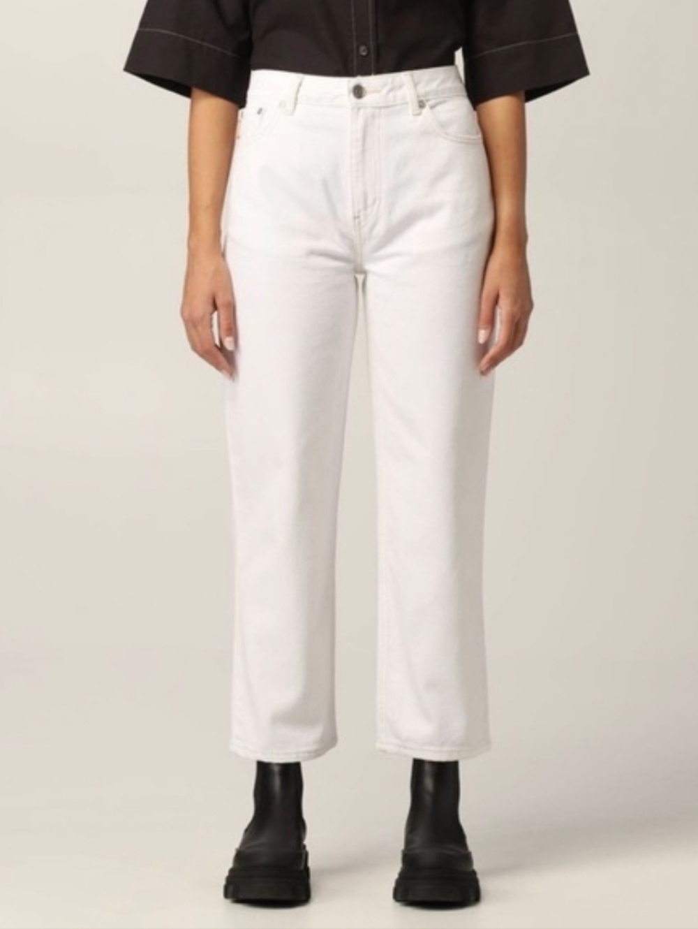 GANNI Straight Leg Cropped Jeans Brite White Classic Denim Pants Womens Size 29
